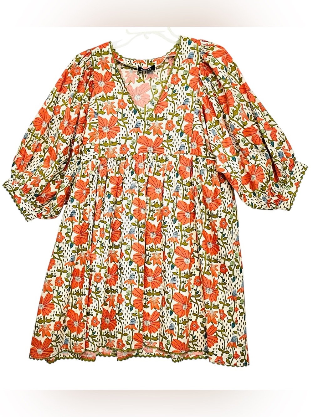 Gigio Babydoll Dress Coral Cream Floral Puffy Balloon Sleeve Pockets S Made/USA - Picture 2 of 16